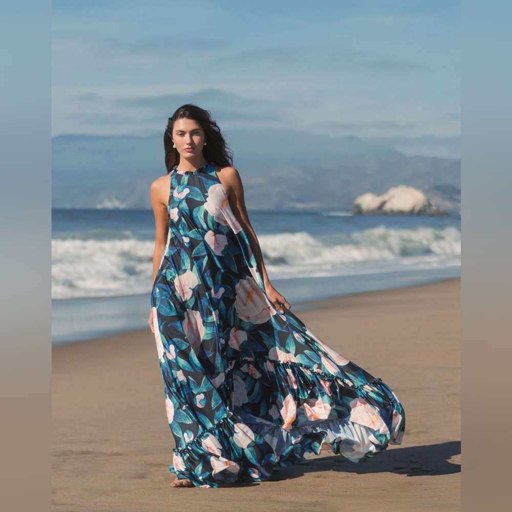 Mac Duggal Teal Floral Maxi Dress with Pink and White Blooms